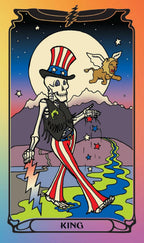 A stylized tarot card illustration labeled KING, showing a skeleton dressed in an Uncle Sam-style red, white, and blue top hat and striped pants, walking beside a blue stream under a large pale moon with stars and a small winged creature in the sky.