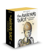 Box for 'The Awakening Tarot' with illustration of a person wearing a hat and bees on a white background