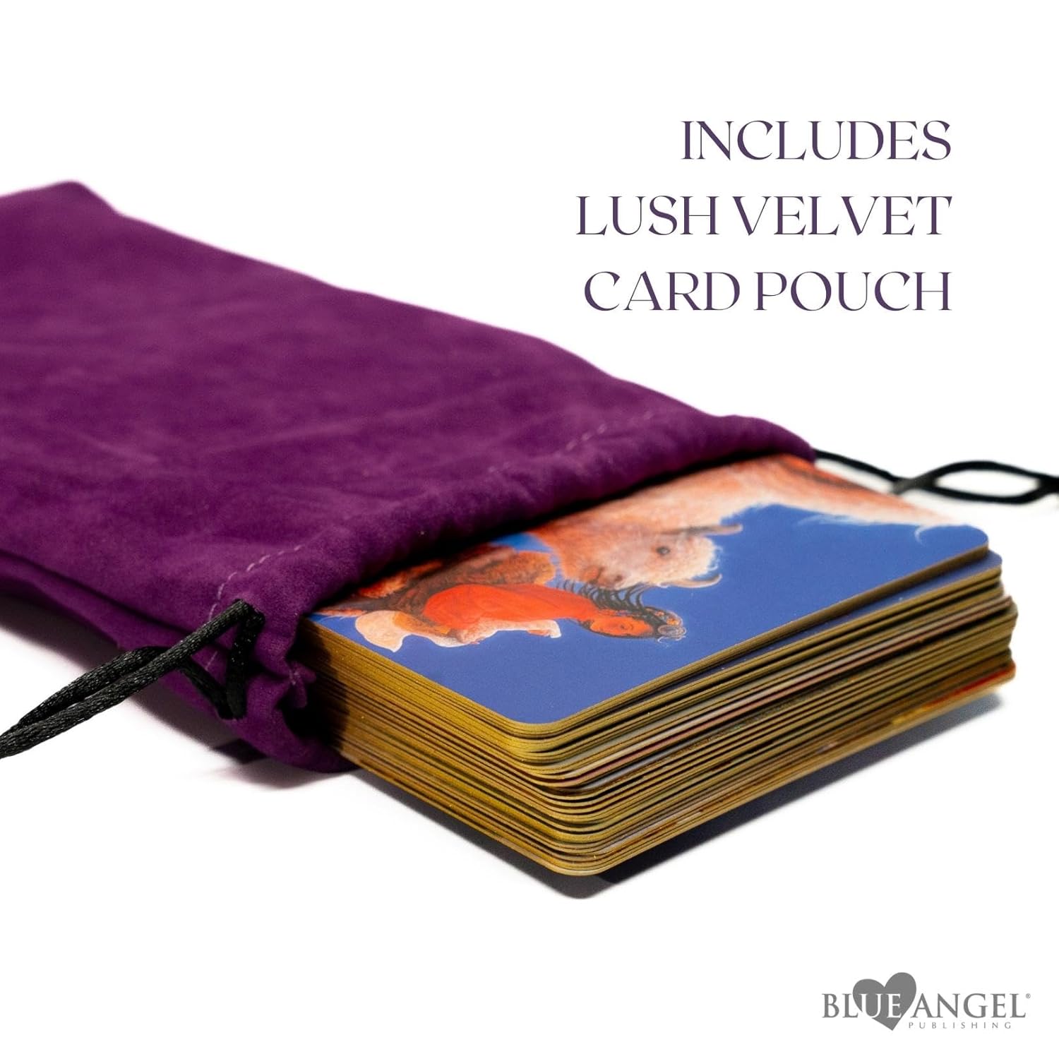 Purple velvet card pouch with a deck of cards on a white background, featuring 'Blue Angel' branding.