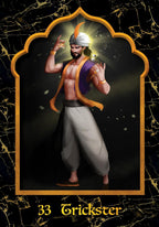 Illustration of a character labeled '33 Trickster' on a dark background with gold accents.