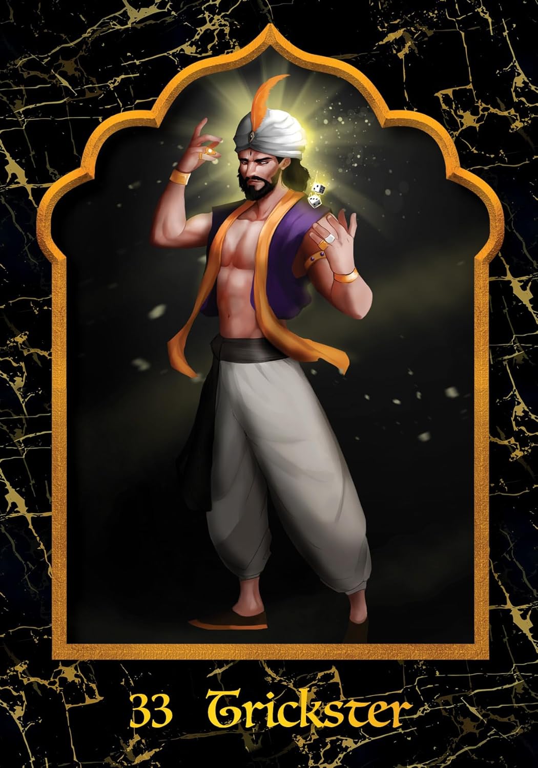 Illustration of a character labeled '33 Trickster' on a dark background with gold accents.