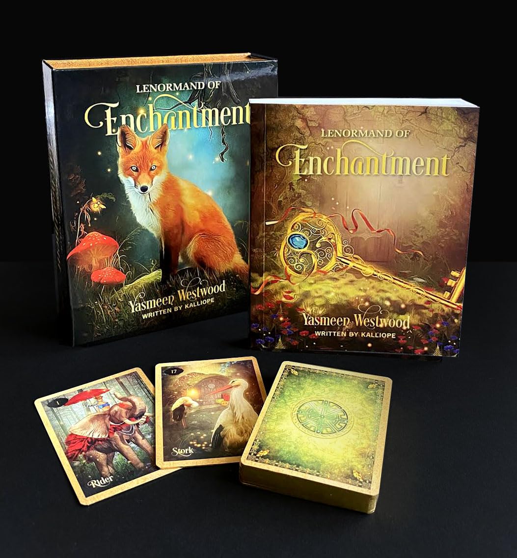 Lenormand of Enchantment card set with books and cards on a dark background