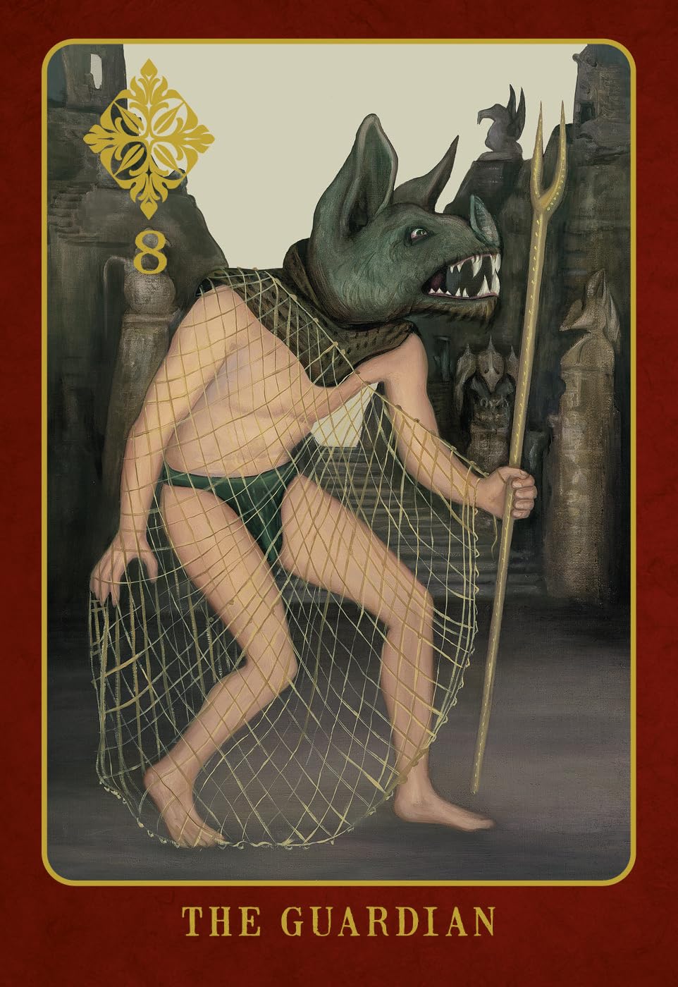 Tarot card featuring 'The Guardian' with a creature in a cage and number 8 on a red border.