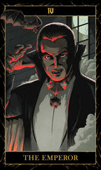 Illustration of a character resembling 'The Emperor' from a tarot card, with dark and red accents.