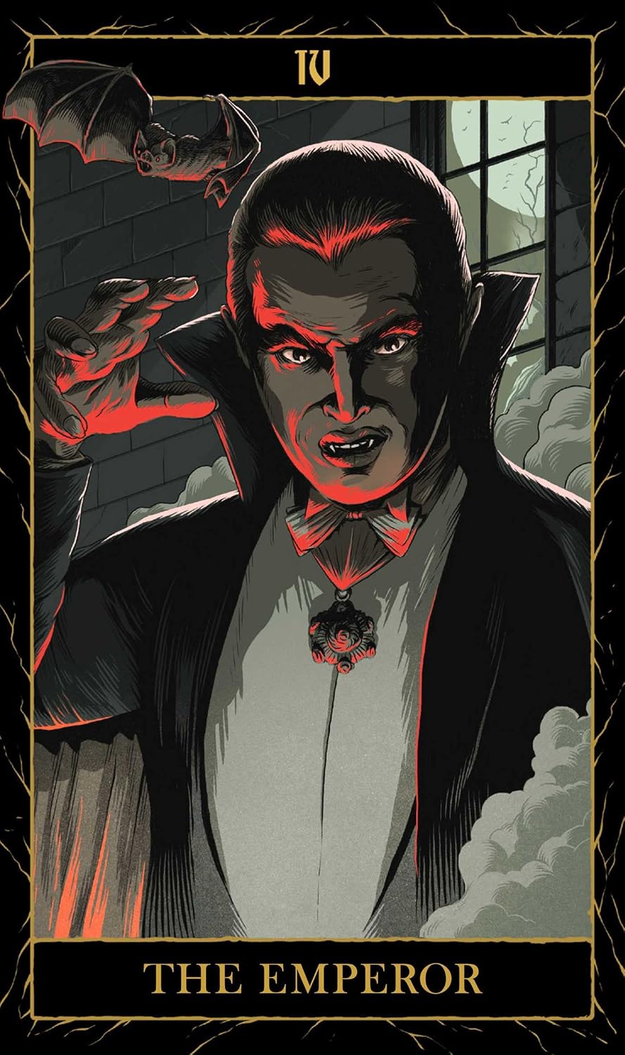 Illustration of a character resembling 'The Emperor' from a tarot card, with dark and red accents.
