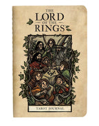 Notebook titled 'The Lord of the Rings Tarot Journal' with character illustration on beige background
