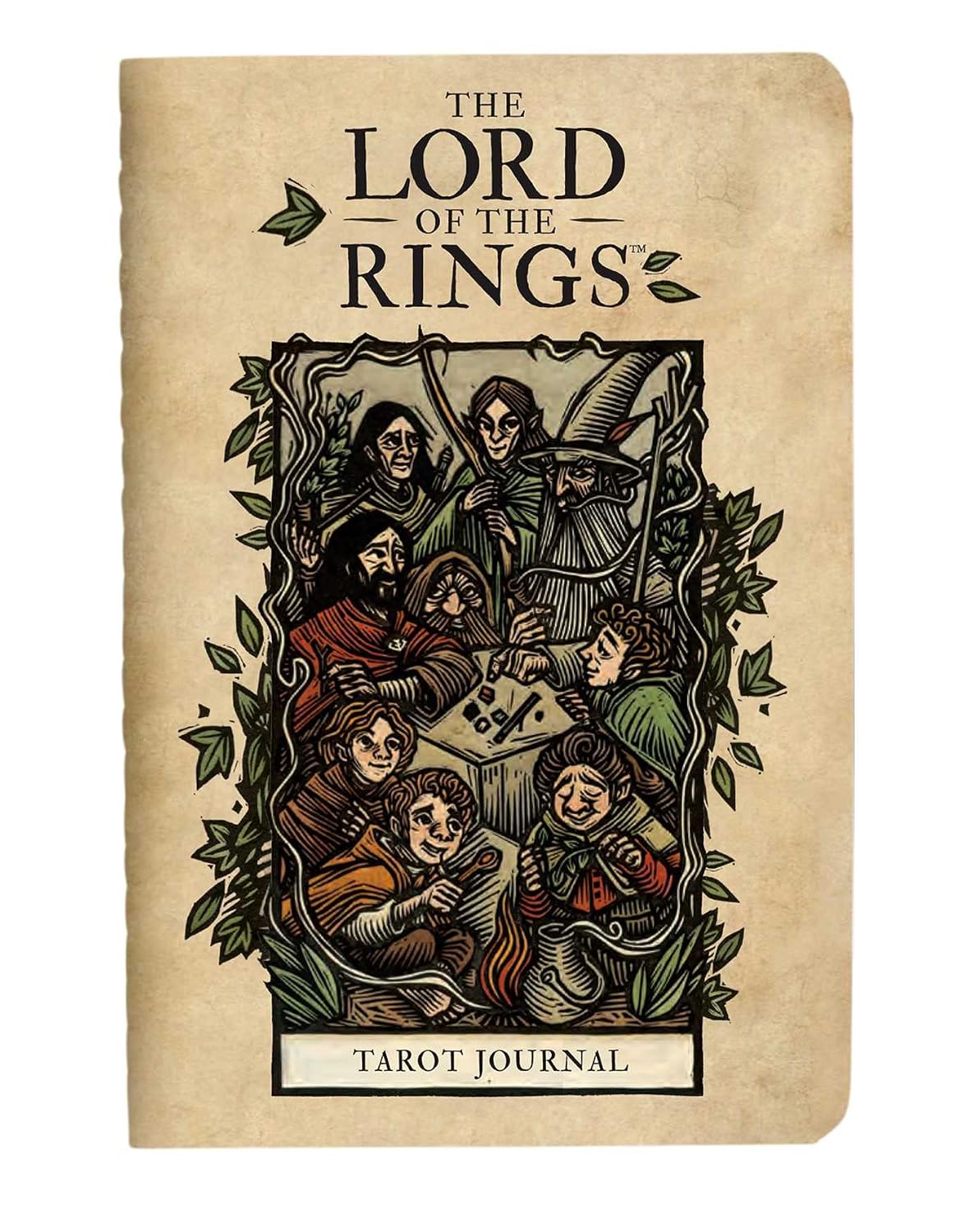 Notebook titled 'The Lord of the Rings Tarot Journal' with character illustration on beige background