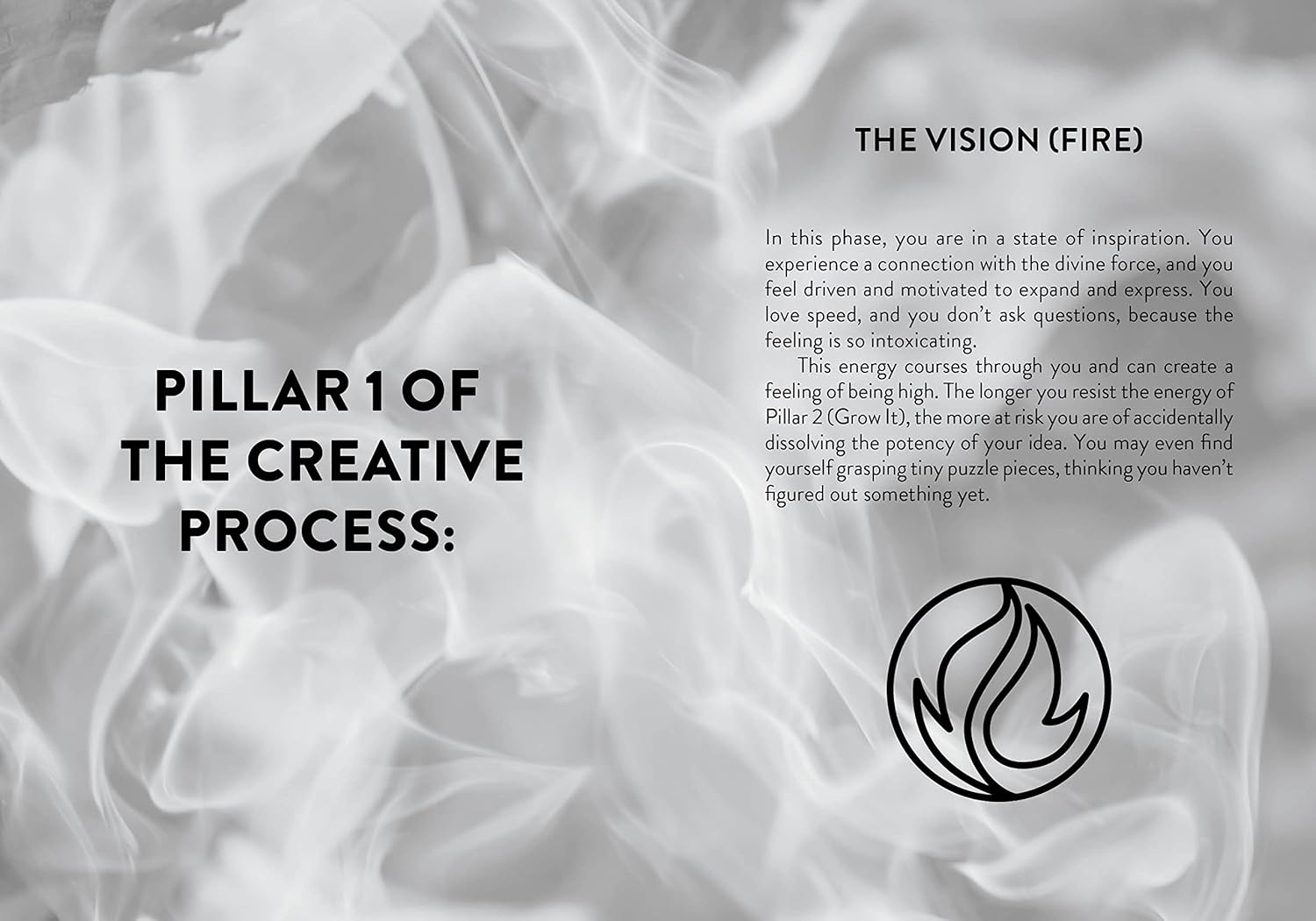 Text on a white background with a black flame icon, describing Pillar 1 of the creative process.