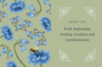 Illustration of blue flowers with a bee on a green background, featuring text about herbs for fresh beginnings, healing, intuition, and transformation.