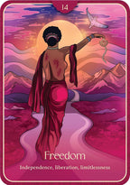 Tarot card with a woman in a red dress walking on a path towards mountains, with 'Freedom' at the bottom.