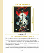 A printed card or booklet page titled 'ACE OF SWORDS' with a central artwork showing a dark, surreal scene with a large red heart and abstract figures. Text below reads 'THE SWORD OF ULTIMATE TRUTH' and includes a short description and a paragraph of reading material.