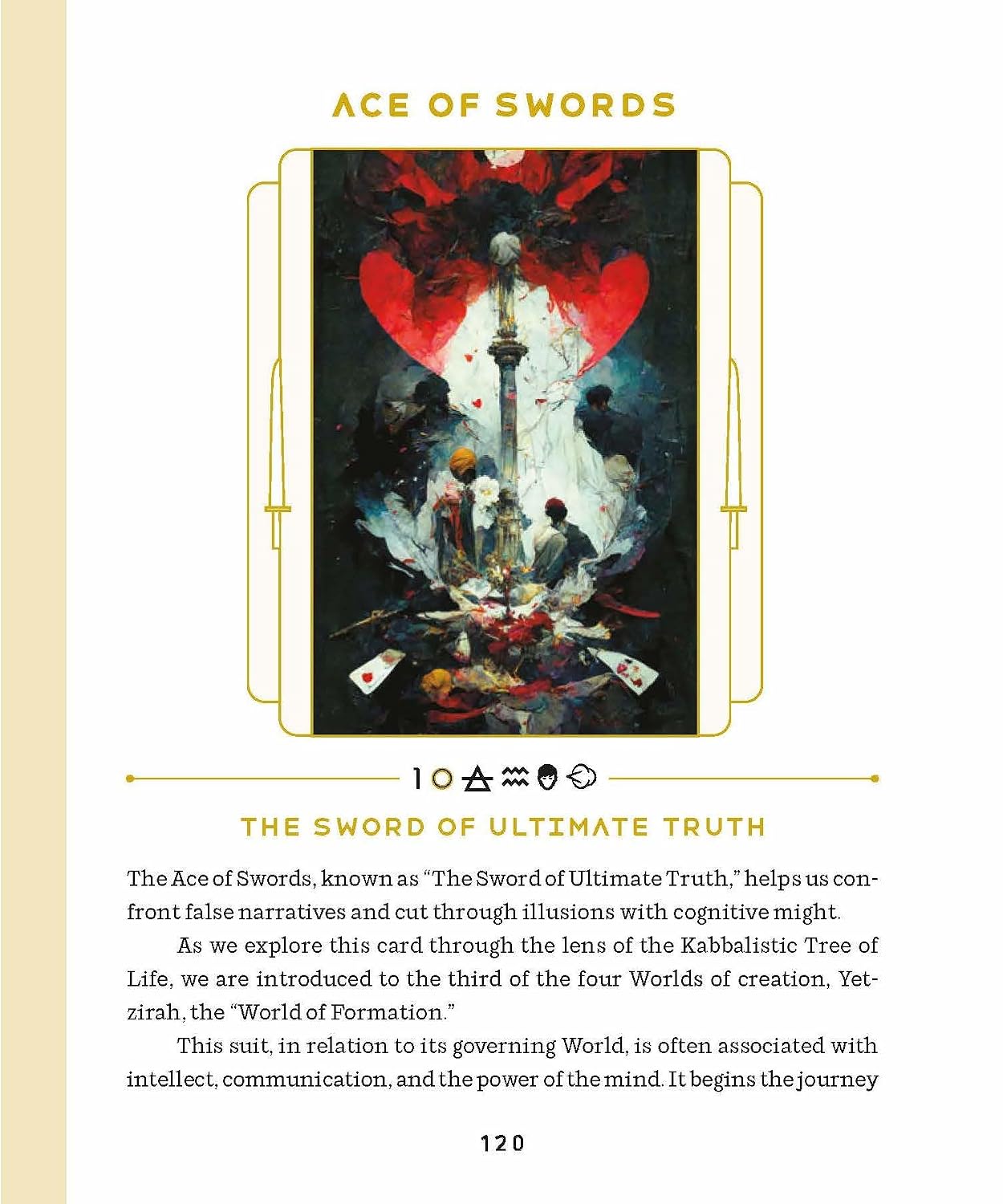 A printed card or booklet page titled 'ACE OF SWORDS' with a central artwork showing a dark, surreal scene with a large red heart and abstract figures. Text below reads 'THE SWORD OF ULTIMATE TRUTH' and includes a short description and a paragraph of reading material.