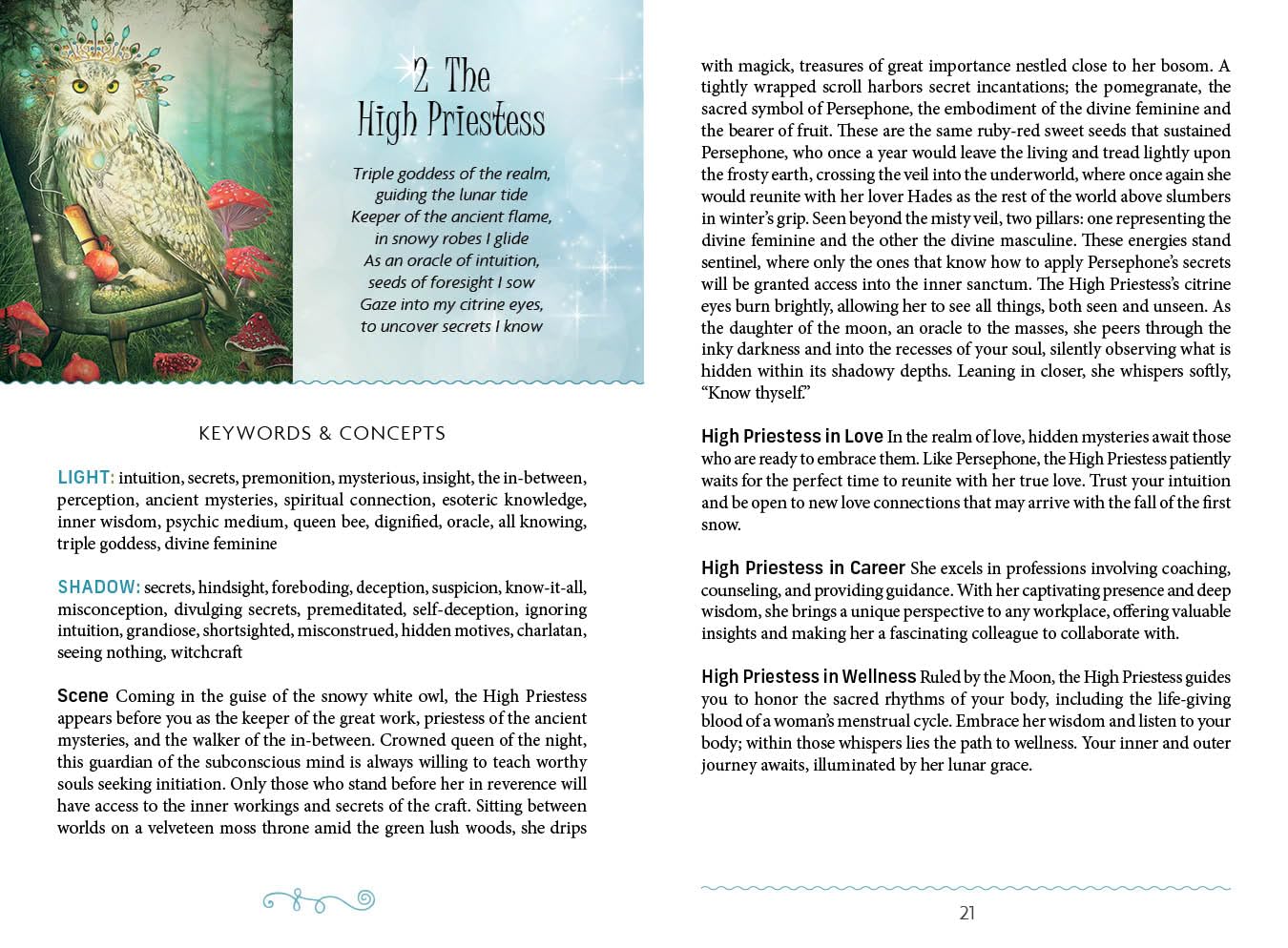 Page from a book or magazine featuring an owl illustration and text on 'The High Priestess' card.