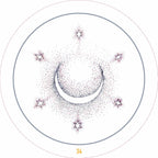 Circular design with a crescent moon and stars on a white background