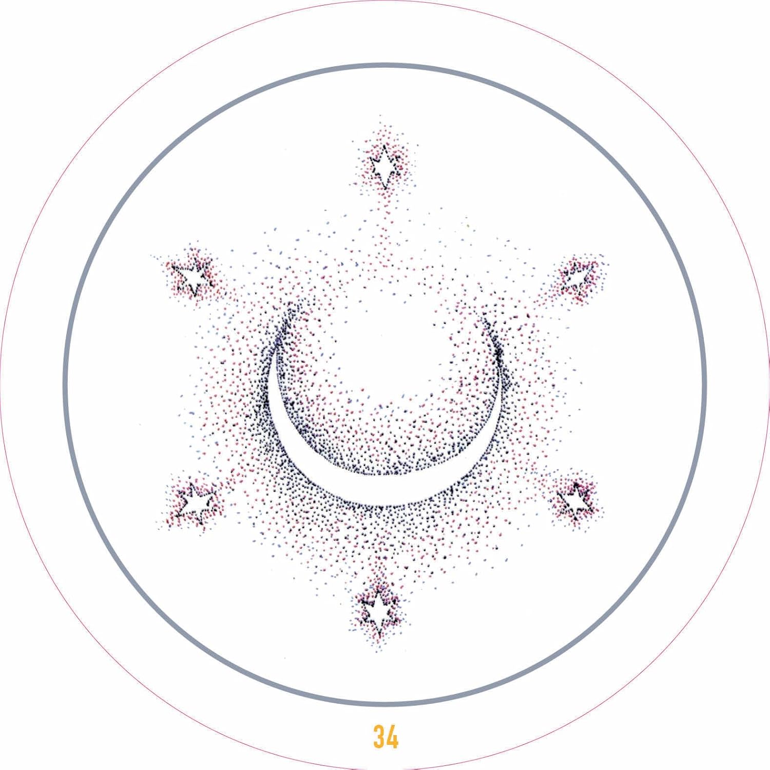 Circular design with a crescent moon and stars on a white background