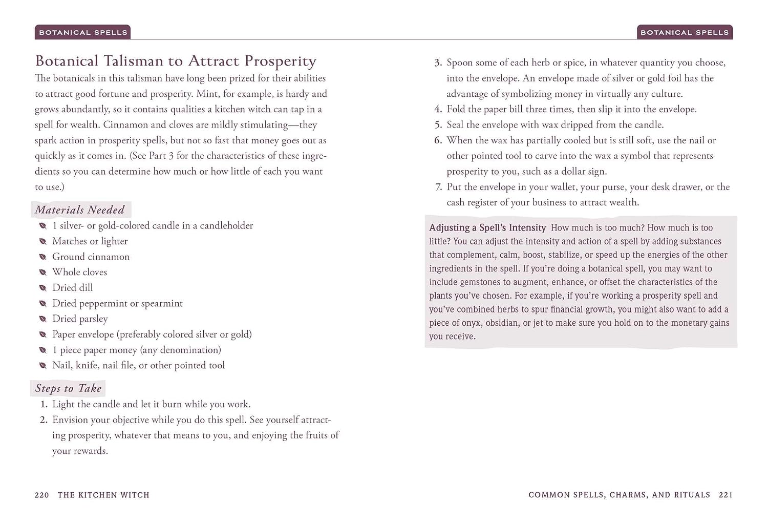 Page from a book or manual on botanical spells for attracting prosperity.