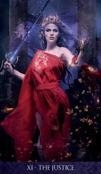 Tarot card featuring a figure in a red robe with a sword and scales, set against a dark background.