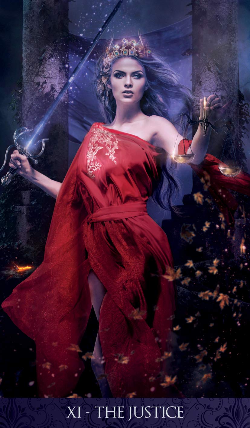 Tarot card featuring a figure in a red robe with a sword and scales, set against a dark background.