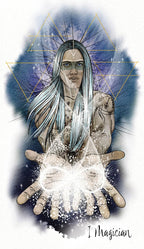 Artistic depiction of a figure with long hair and outstretched hands, surrounded by geometric shapes and the word 'Magician'.