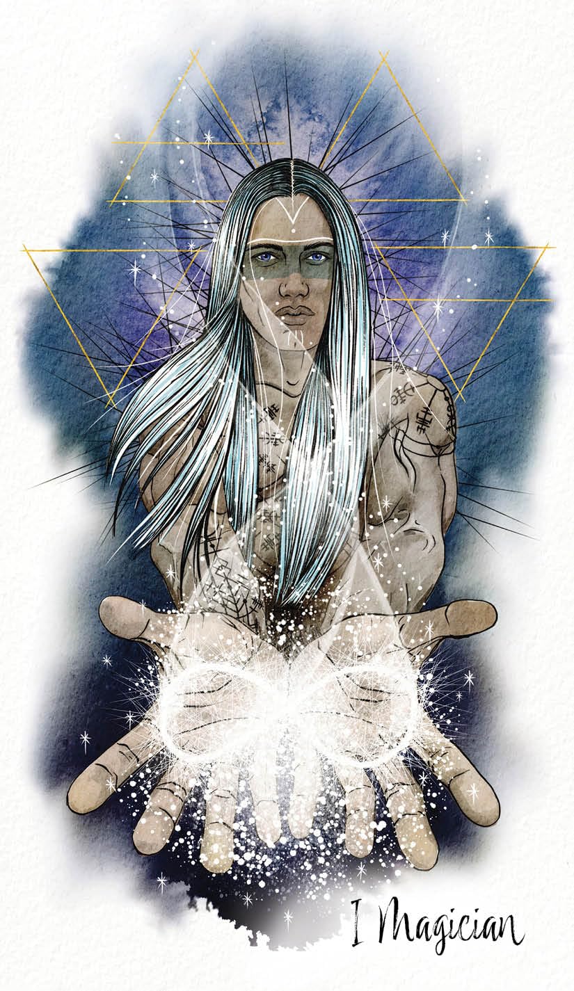 Artistic depiction of a figure with long hair and outstretched hands, surrounded by geometric shapes and the word 'Magician'.