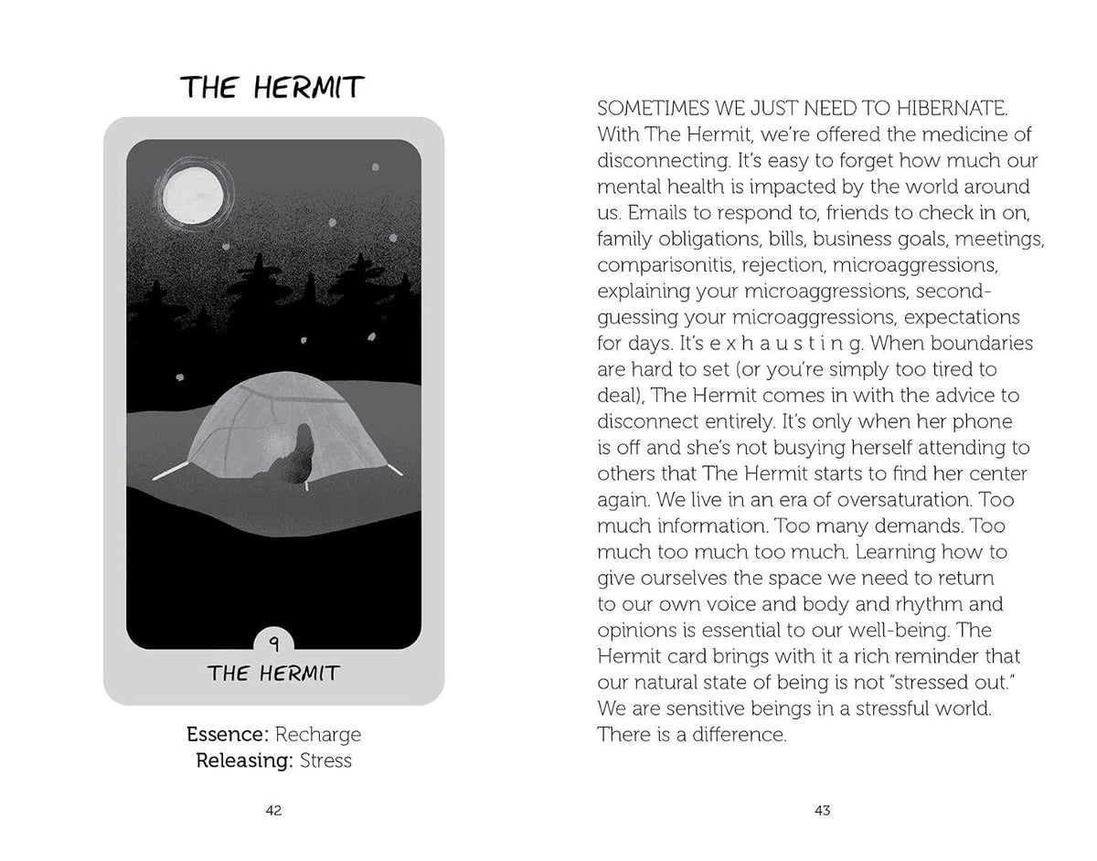 A printed page from a book or journal showing a small black-and-white artwork labeled 'THE HERMIT' with a gray rectangle obscuring the center, plus two paragraphs of text on a white page.