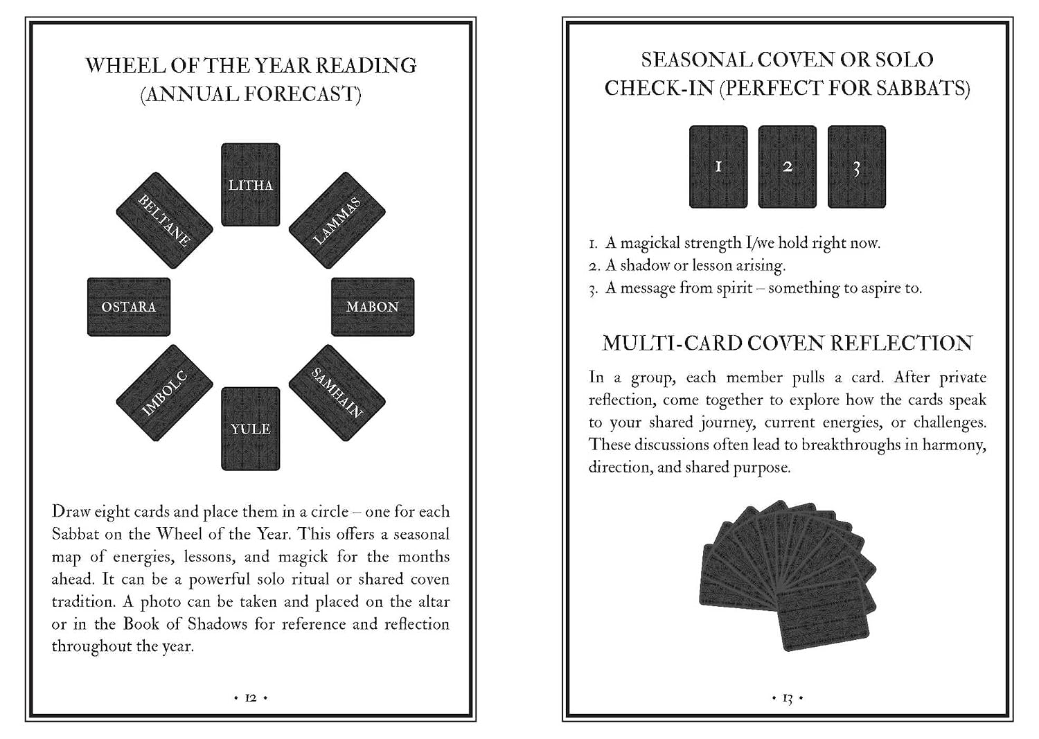 Two pages from a book or guide on using tarot cards for various rituals and reflections.
