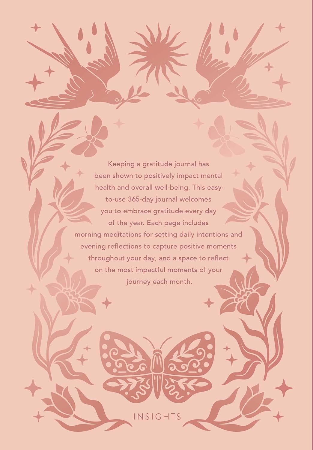 Decorative cover of a gratitude journal with floral and butterfly designs on a pink background.