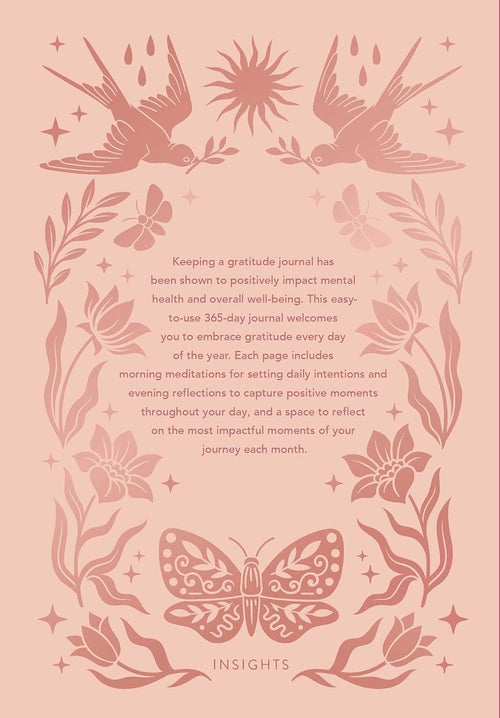 Decorative cover of a gratitude journal with floral and butterfly designs on a pink background.