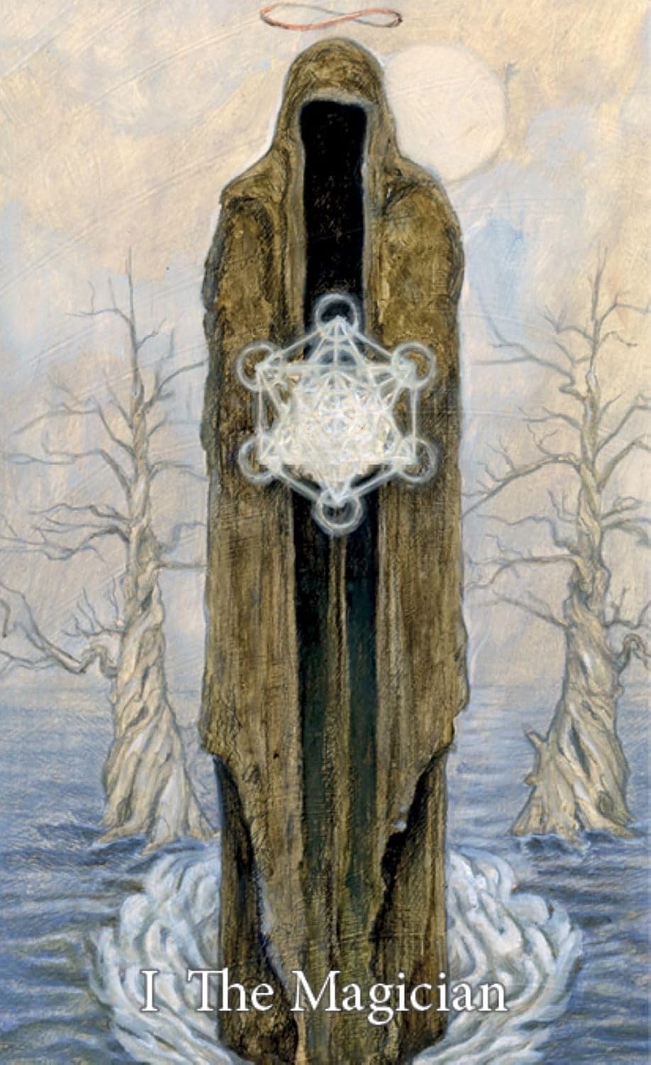 Card featuring a hooded figure with a pentacle symbol against a winter landscape