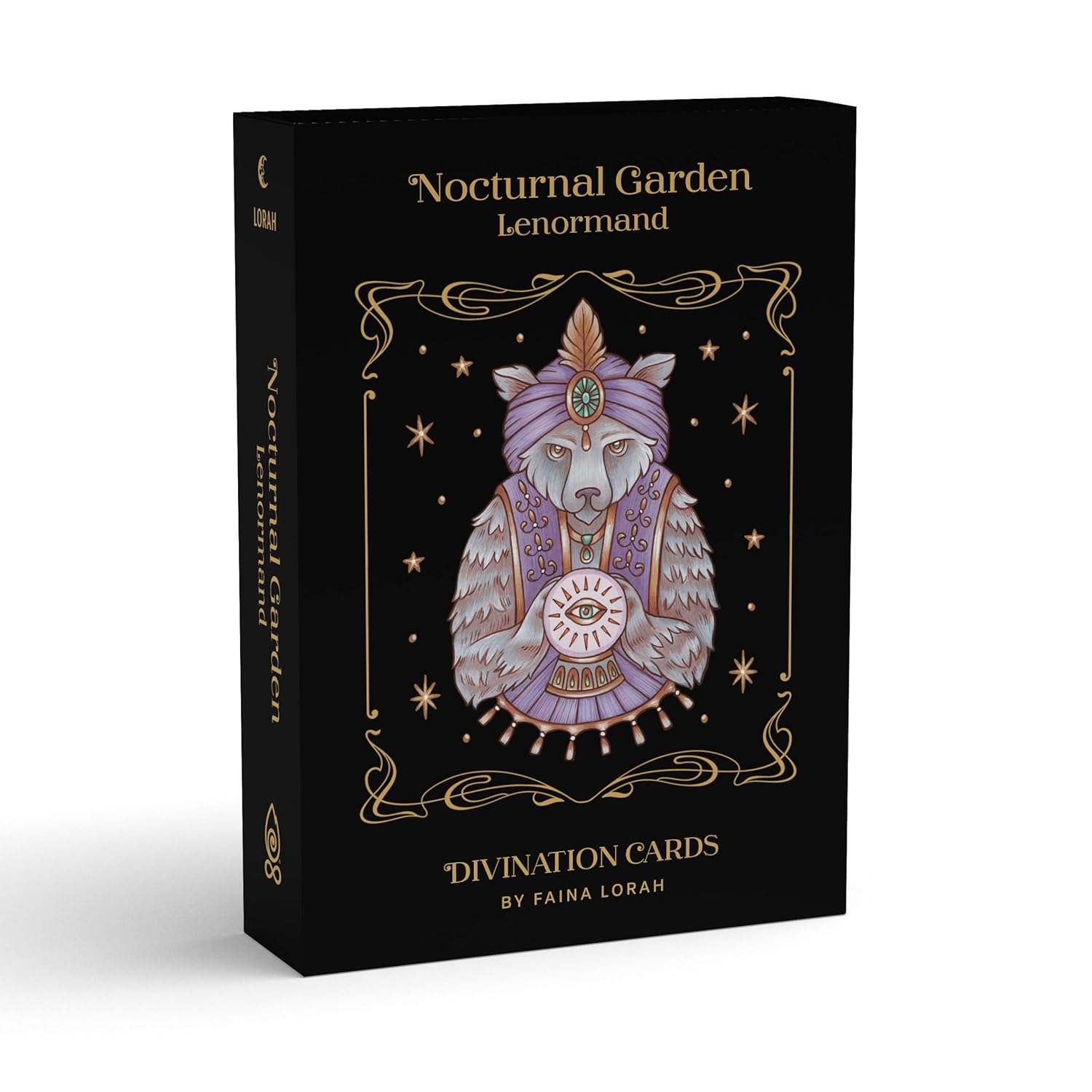 Nocturnal Garden Lenormand divination cards packaging with a wolf illustration on a black background.