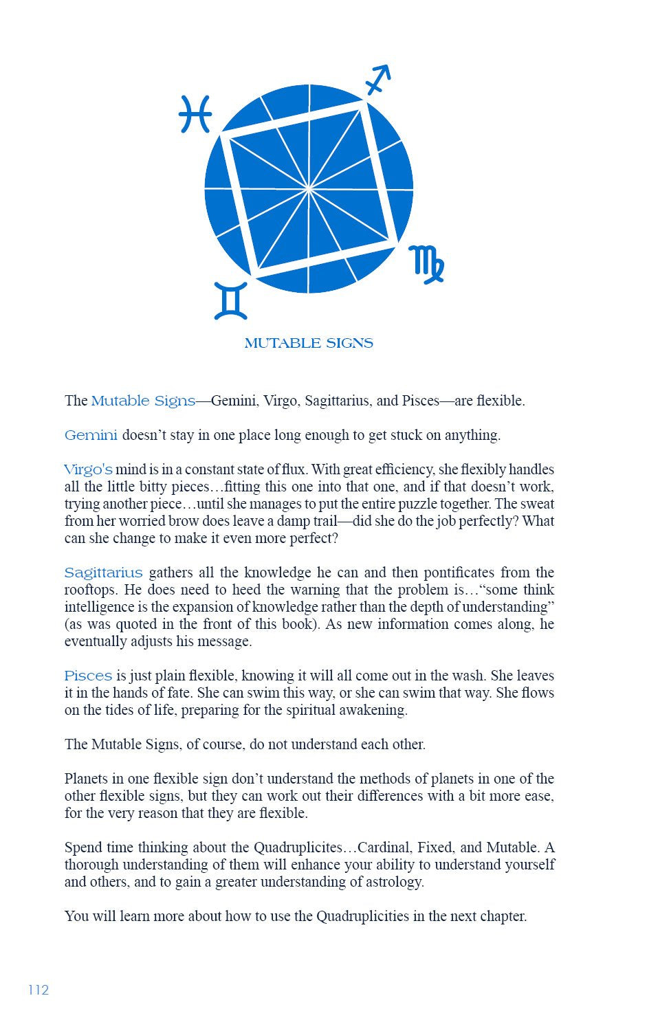 Page from a book or document about astrological signs, specifically focusing on mutable signs with a blue symbol.