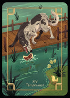 Card with a wolf on a dock feeding a fish, surrounded by nature elements.