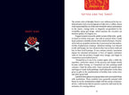 Book page with text about tattoo and tarot, featuring a skull and crossbones design.