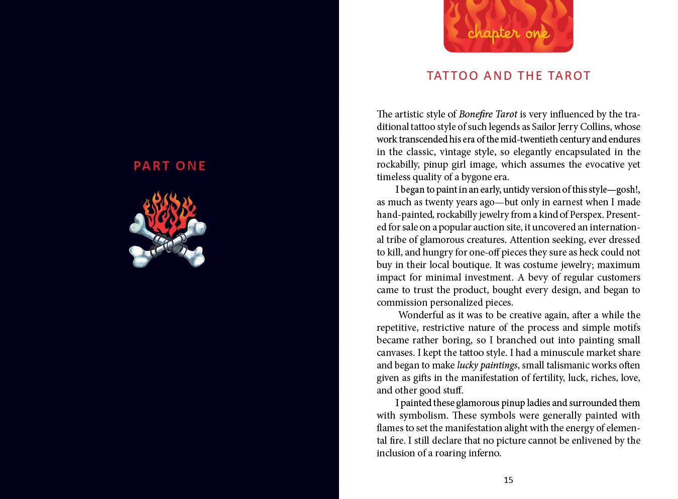 Book page with text about tattoo and tarot, featuring a skull and crossbones design.
