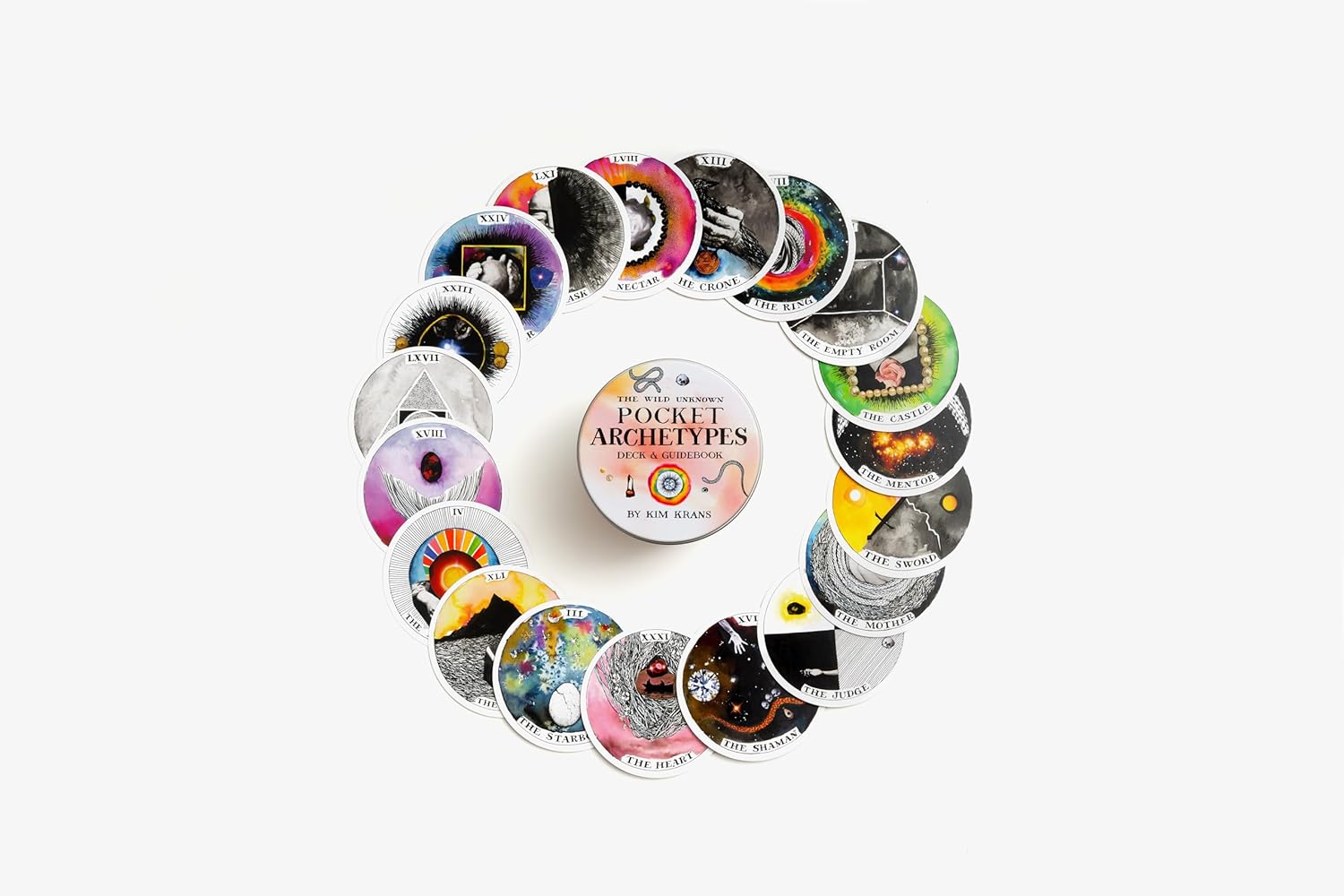 Set of colorful circular cards arranged in a wreath shape on a white background