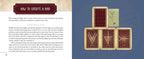 Book page with text and wooden block letters spelling 'WIZARD' on a blue background