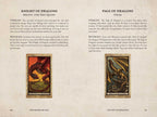 Two tarot cards titled 'Knight of Dragons' and 'Page of Dragons' on a beige background with text descriptions.