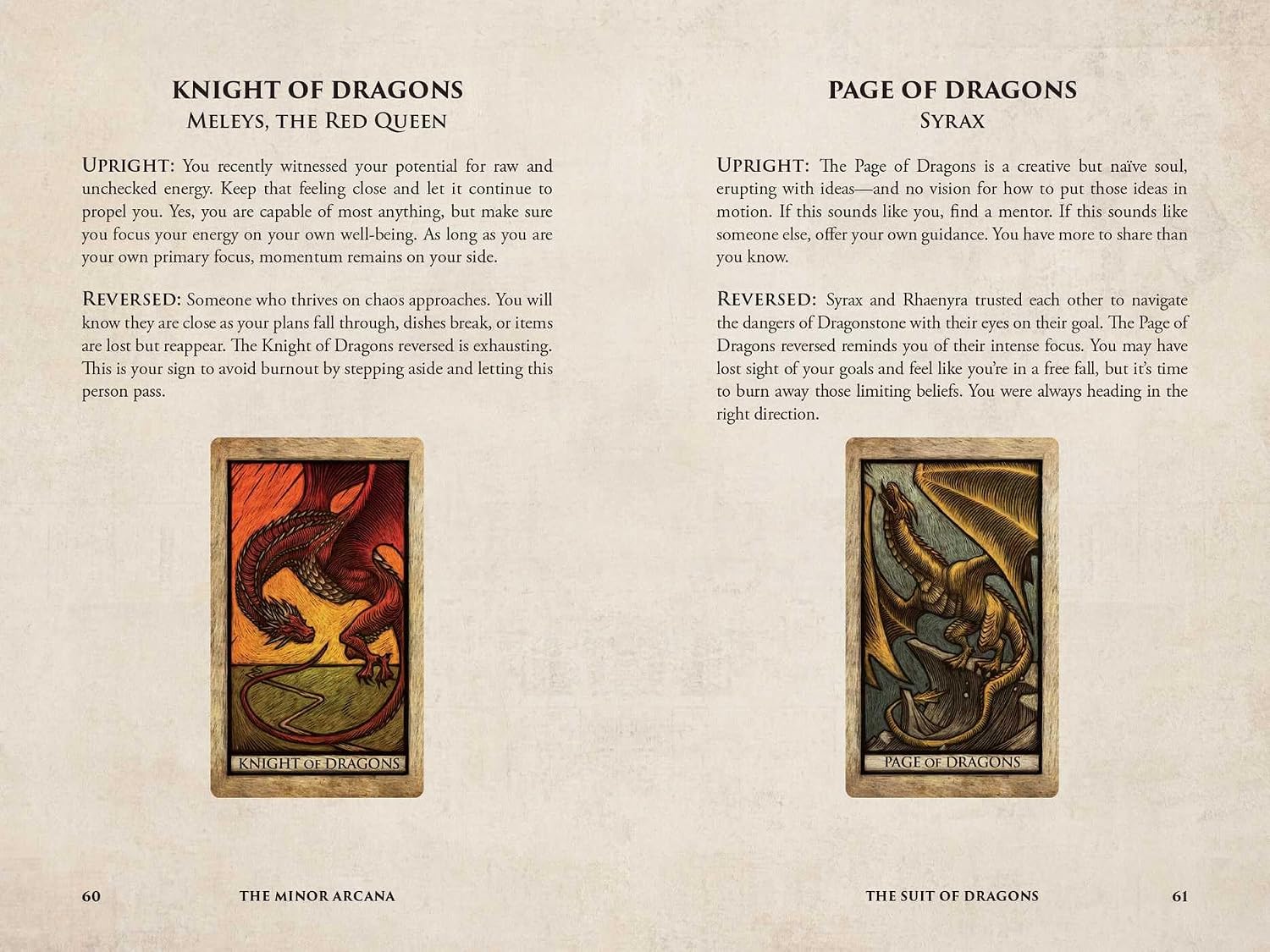 Two tarot cards titled 'Knight of Dragons' and 'Page of Dragons' on a beige background with text descriptions.