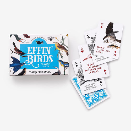 Affin' Birds playing cards set with a decorative illustrated box and several cards fanned out on a light gray background.