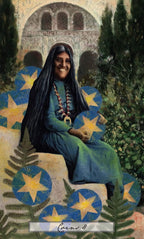 Card featuring a person in a blue dress with stars and a building in the background