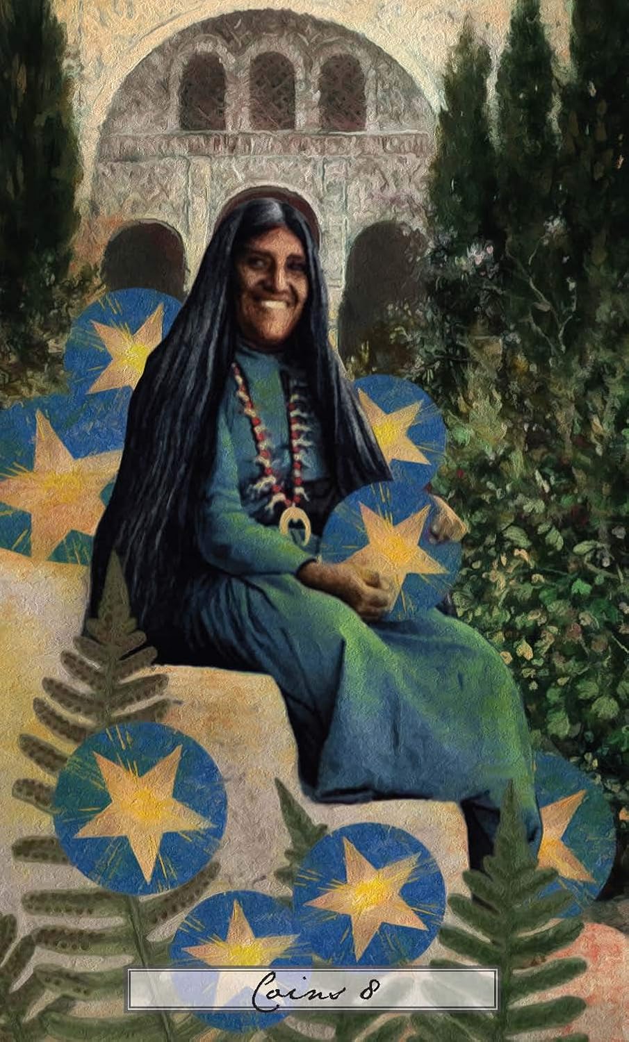 Card featuring a person in a blue dress with stars and a building in the background