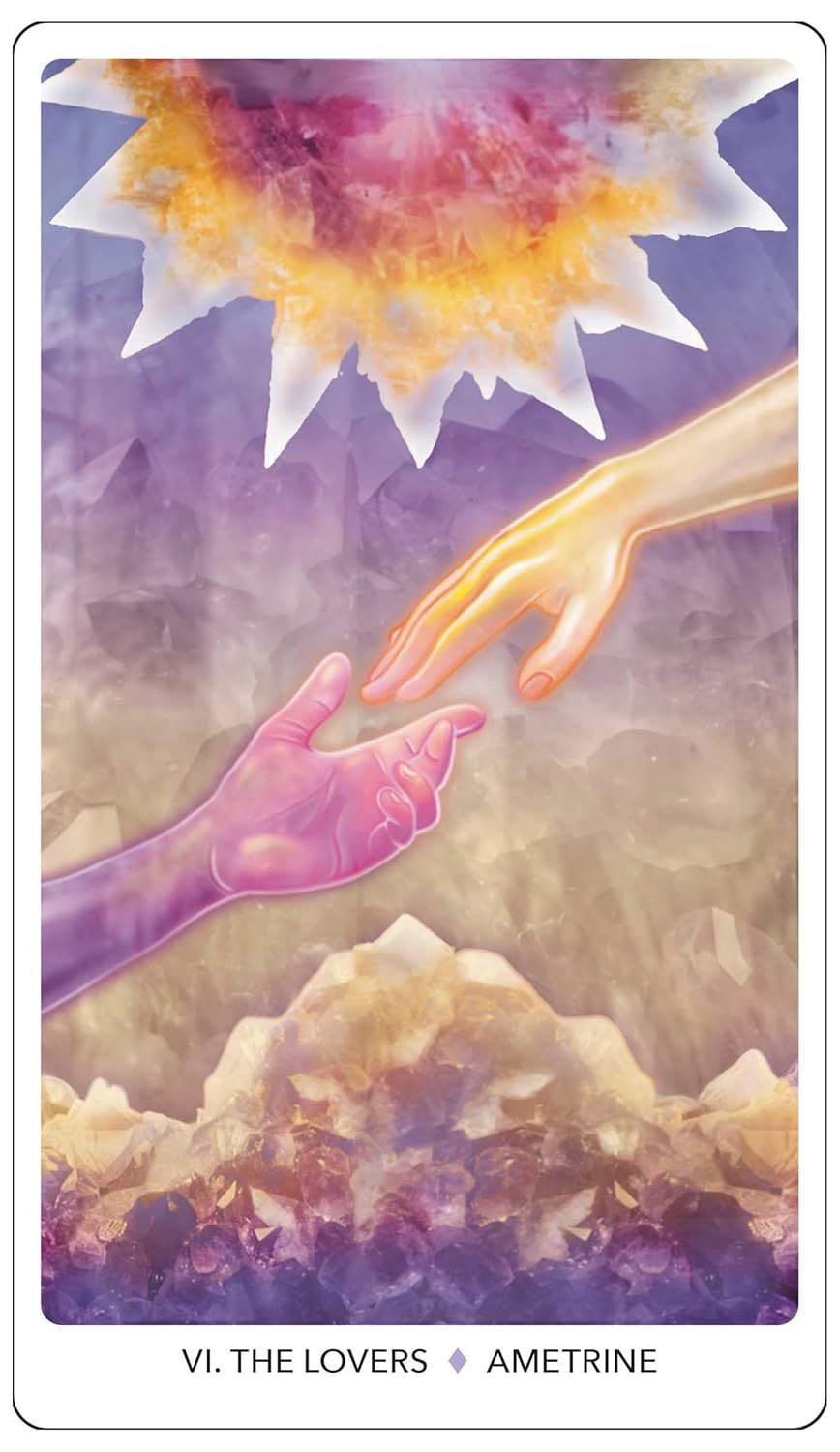 Tarot card titled 'The Lovers' with two hands reaching towards each other against a colorful background.