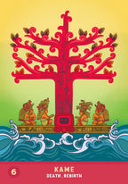 Cover of a book titled 'Kame: Death. Rebirth' with a red tree and figures on a colorful background.