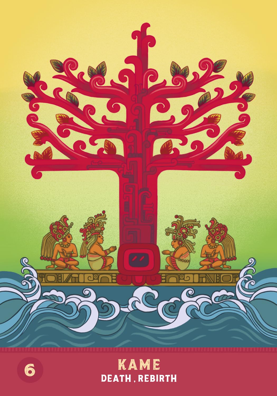 Cover of a book titled 'Kame: Death. Rebirth' with a red tree and figures on a colorful background.