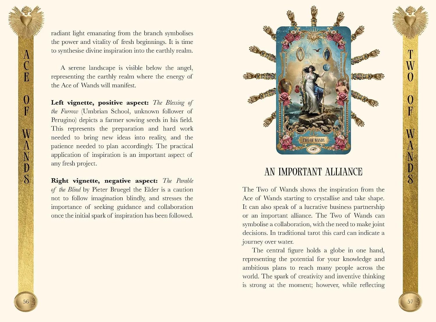 Two of Wands tarot card with detailed text on its left and right, set against a beige background.