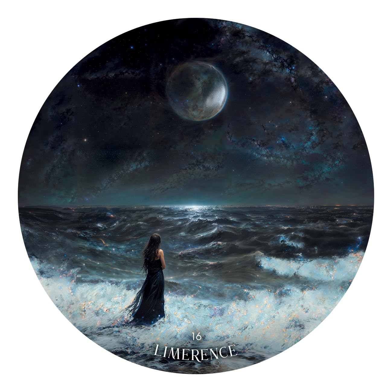 Person standing on a moonlit beach with 'Limerence' album art.