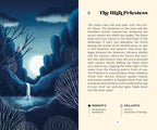 A two-page spread from a book or booklet showing illustrated cover art with a pale figure standing in a snowy forest beside a glowing blue moon, with the left page featuring a large blue-toned illustration and the right page containing the title 'The Night Priestess' and descriptive text.