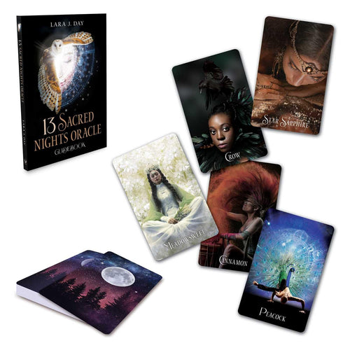 Set of oracle cards with a book titled '13 Sacred Nights Oracle' on a white background