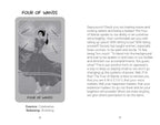 A printed page titled 'FOUR OF WANDS' with a gray card illustration on the left and a block of black text on the right, likely from a tarot or spiritual guide booklet.