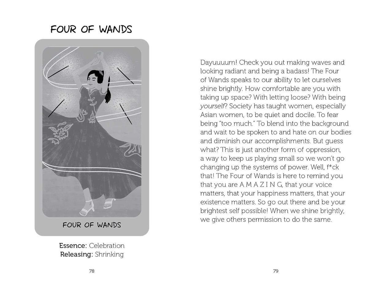 A printed page titled 'FOUR OF WANDS' with a gray card illustration on the left and a block of black text on the right, likely from a tarot or spiritual guide booklet.